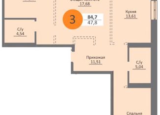 3-комнатная квартира на продажу, 84.7 м2, Новосибирск, Московская улица, 75