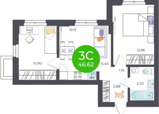 Продажа трехкомнатной квартиры, 46.62 м2, Новосибирск, 1-я Чулымская улица, 15, 1-я Чулымская улица