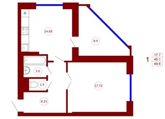 Однокомнатная квартира на продажу, 49.6 м2, Воронеж, ЖК Спутник, улица Козо-Полянского, 5