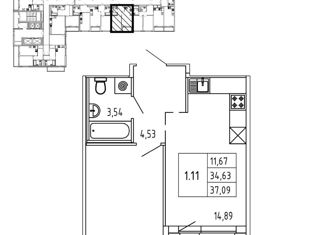 Продается 1-ком. квартира, 34.6 м2, поселок Бугры, Тихая улица, 5к3, ЖК Новые Горизонты