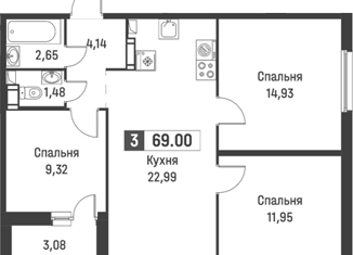 Продаю 3-ком. квартиру, 69 м2, Мурино, ЖК Графика, Екатерининская улица, 16/5