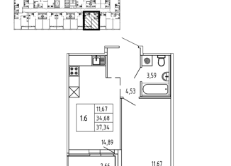 Продажа 1-комнатной квартиры, 34.68 м2, поселок Бугры, Тихая улица, 5к3