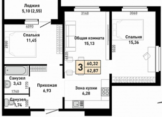 3-комнатная квартира на продажу, 63 м2, Барнаул, улица Энтузиастов, 63, ЖК Пломбир
