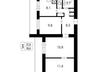 3-ком. квартира на продажу, 58.6 м2, Колпино, улица Металлургов, 13