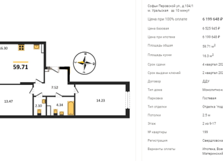 2-комнатная квартира на продажу, 59.71 м2, Екатеринбург, улица Софьи Перовской, 104, ЖК Абрикос
