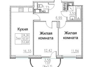 Продам двухкомнатную квартиру, 54 м2, поселок Бугры, ЖК Энфилд, улица Шекспира, 1к2