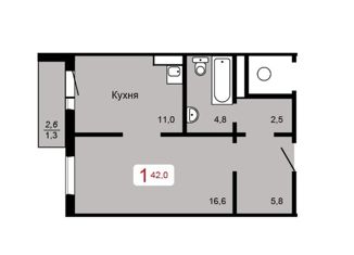 1-комнатная квартира на продажу, 42 м2, Красноярск, Аральская улица, 47, ЖК Мичурино