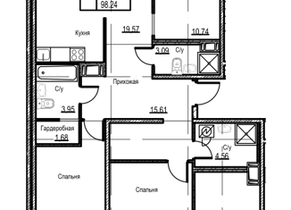 4-ком. квартира на продажу, 98.24 м2, Кудрово, проспект Строителей, 1