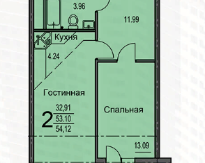 2-комнатная квартира на продажу, 54.12 м2, Воронеж, улица Суворова, 122В, ЖК Берег