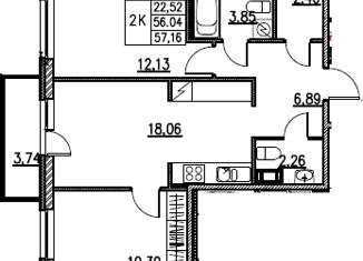 Двухкомнатная квартира на продажу, 56.04 м2, Кудрово, проспект Строителей, 1к2