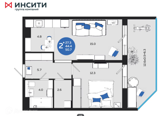 2-комнатная квартира на продажу, 50.7 м2, Краснодар, Северная улица, Северная улица