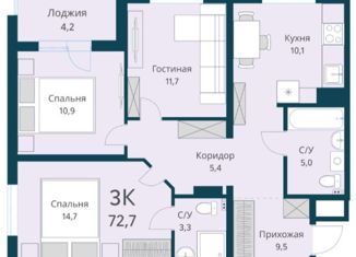 Продается 3-комнатная квартира, 72.7 м2, Новосибирск, Первомайский район, улица Красный Факел, 39