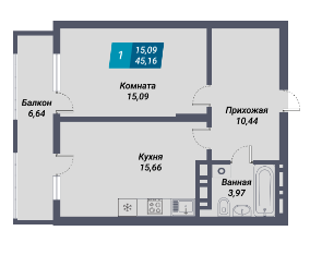 1-комнатная квартира на продажу, 45.16 м2, Новосибирск, микрорайон Закаменский, 20, метро Золотая Нива