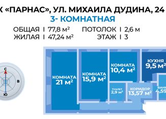 Трехкомнатная квартира на продажу, 77.8 м2, посёлок Парголово, ЖК Парнас, улица Архитектора Белова, 6к3