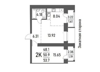Продается 2-ком. квартира, 53.7 м2, деревня Кисловка, улица Василия Кандинского, 1