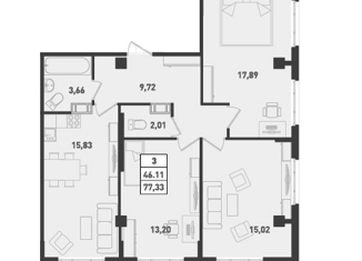 3-комнатная квартира на продажу, 76.33 м2, Мурино, ЖК Ромашки, улица Шоссе в Лаврики, 95