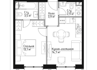 Продам однокомнатную квартиру, 39 м2, Москва, Дубининская улица, 59к7, ЖК Павелецкая Сити