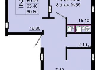 Продаю 2-ком. квартиру, 63.4 м2, Курск, улица Генерала Григорова, 46