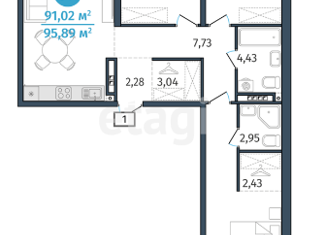 Трехкомнатная квартира на продажу, 95.89 м2, Новосибирск, Кировский район, улица Петухова, 6/6