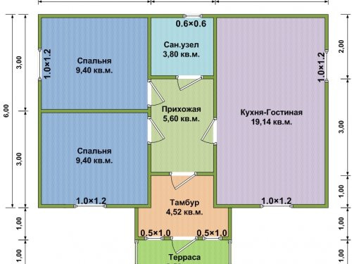 Планировка дома 6 на 9 одноэтажный деревянный 1-этажный дом, 54 м2, на продажу по цене 1880000 руб. в поселке Красный Восход -